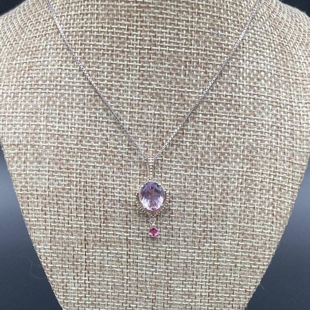 Sterling Silver Amethyst Oval Pendant Necklace Pink Teardrop Accent Box Chain